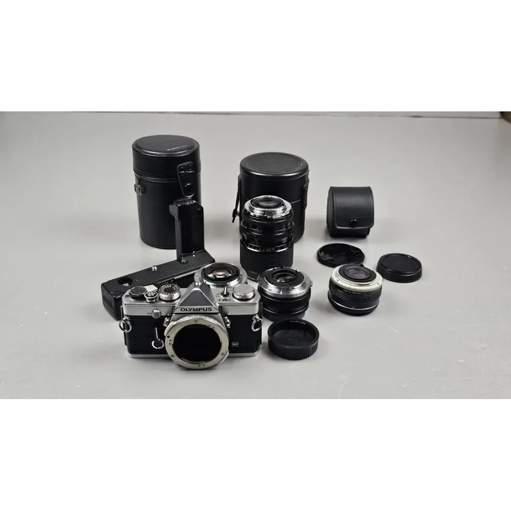 Olympus OM-1 35mm SLR Film Camera with 3 Lenses, Auto Tele Converter, Power Wind